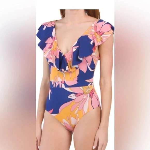 TRINA Turk Breeze Ruffle One Piece Swimsuit Size 10 - Picture 1 of 5